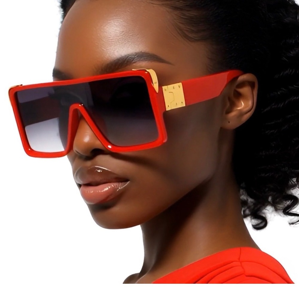 Red Oversized Square Shield Sunglasses Gold Women Flat Top Gradient Lenses Gafas